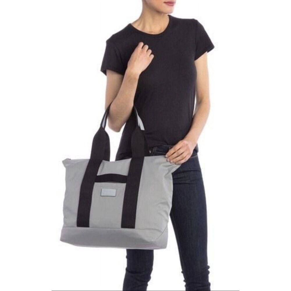 Rebecca Minkoff Grey Nylon Tote Bag‎ Black Webbing Straps Zip Top Travel Gym